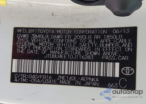 2013 Toyota Corolla Le z USA, uszkodzony, nr VIN JTDBU4EE1DJ116283